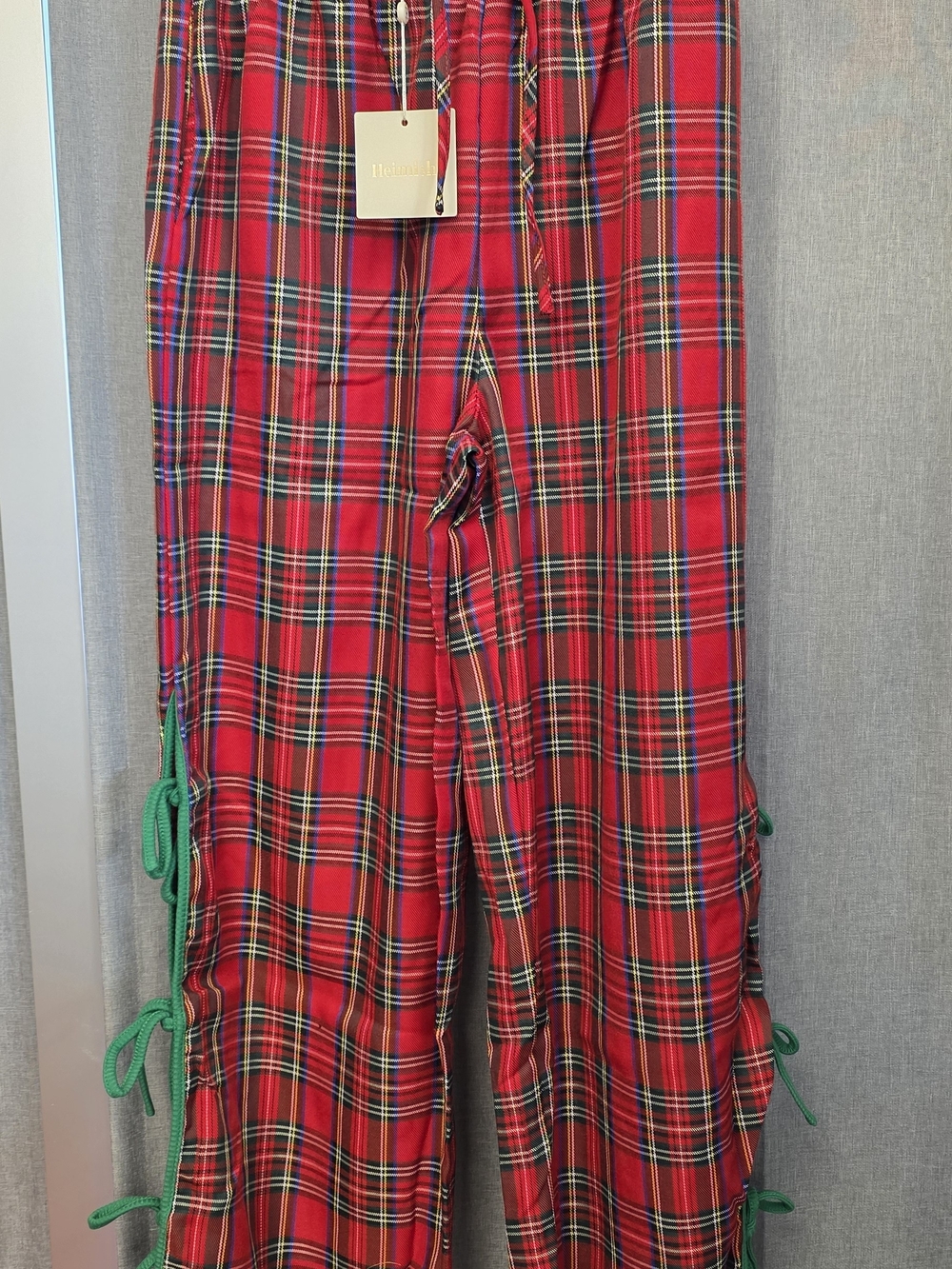 Red Plaid Jogger Pants with Green Side Ties